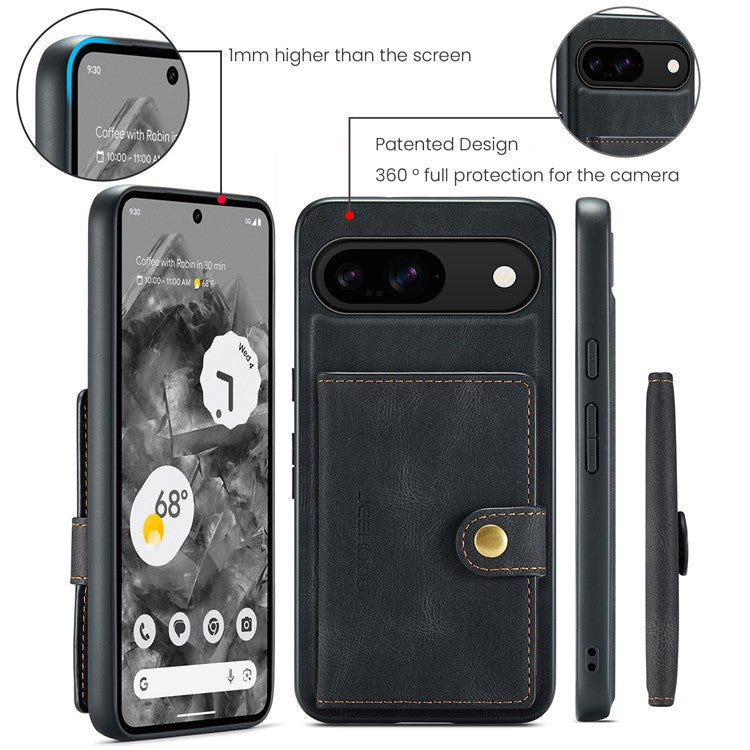 JEEHOOD J01 For Google Pixel 9 / Pixel 9 Pro Case Retro Leather + TPU Phone Cover Detachable Magnetic Card Holder - Black