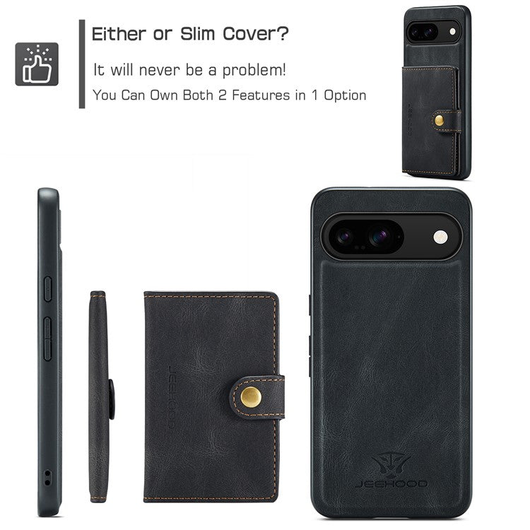 JEEHOOD J01 For Google Pixel 9 / Pixel 9 Pro Case Retro Leather + TPU Phone Cover Detachable Magnetic Card Holder - Black