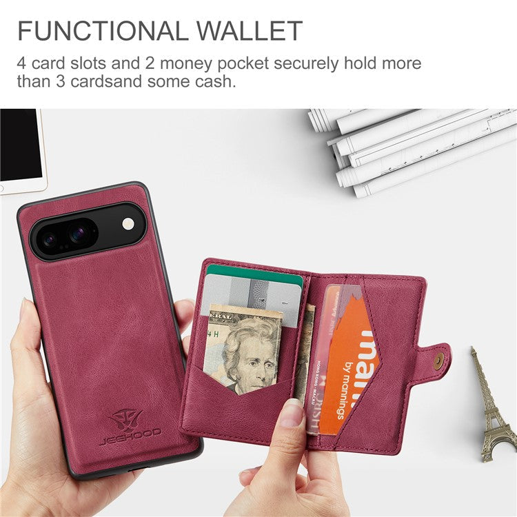 JEEHOOD J01 For Google Pixel 9 / Pixel 9 Pro Case Retro Leather + TPU Phone Cover Detachable Magnetic Card Holder - Red