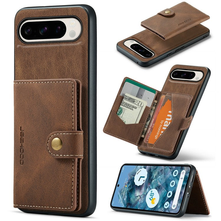 JEEHOOD J01 For Google Pixel 9 Pro XL Case Retro Leather + TPU Phone Cover Detachable Magnetic Card Holder - Brown