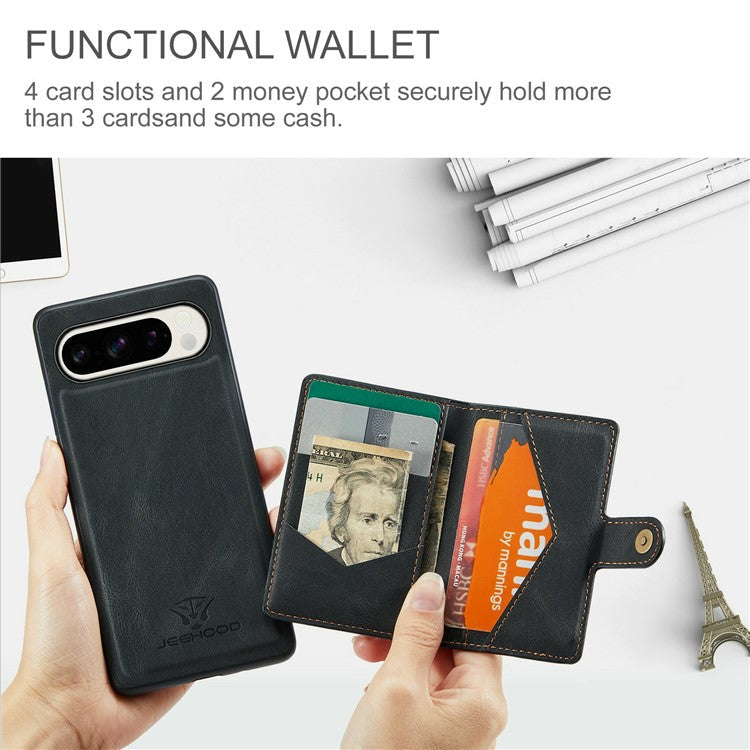 JEEHOOD J01 For Google Pixel 9 Pro XL Case Retro Leather + TPU Phone Cover Detachable Magnetic Card Holder - Black