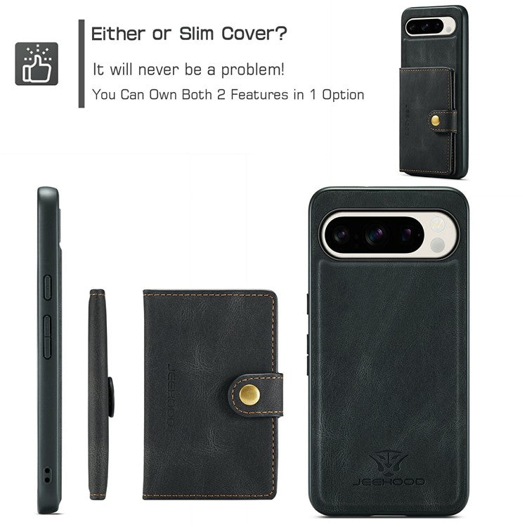 JEEHOOD J01 For Google Pixel 9 Pro XL Case Retro Leather + TPU Phone Cover Detachable Magnetic Card Holder - Black