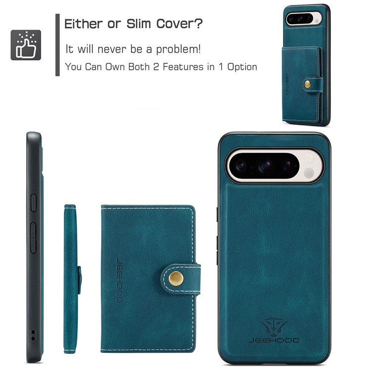 JEEHOOD J01 For Google Pixel 9 Pro XL Case Retro Leather + TPU Phone Cover Detachable Magnetic Card Holder - Blue