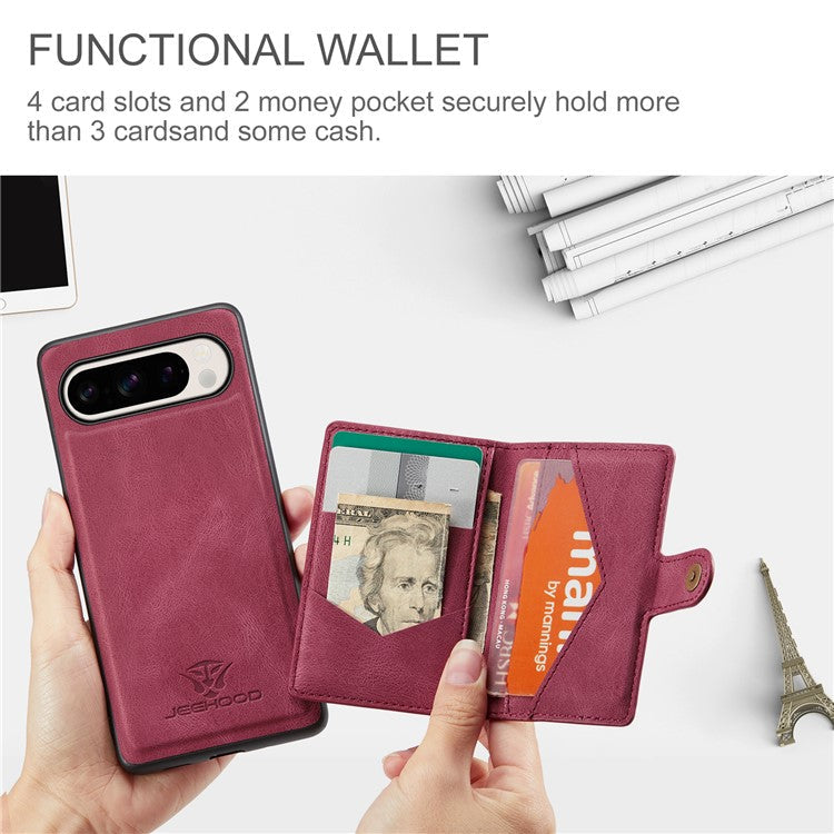 JEEHOOD J01 For Google Pixel 9 Pro XL Case Retro Leather + TPU Phone Cover Detachable Magnetic Card Holder - Red
