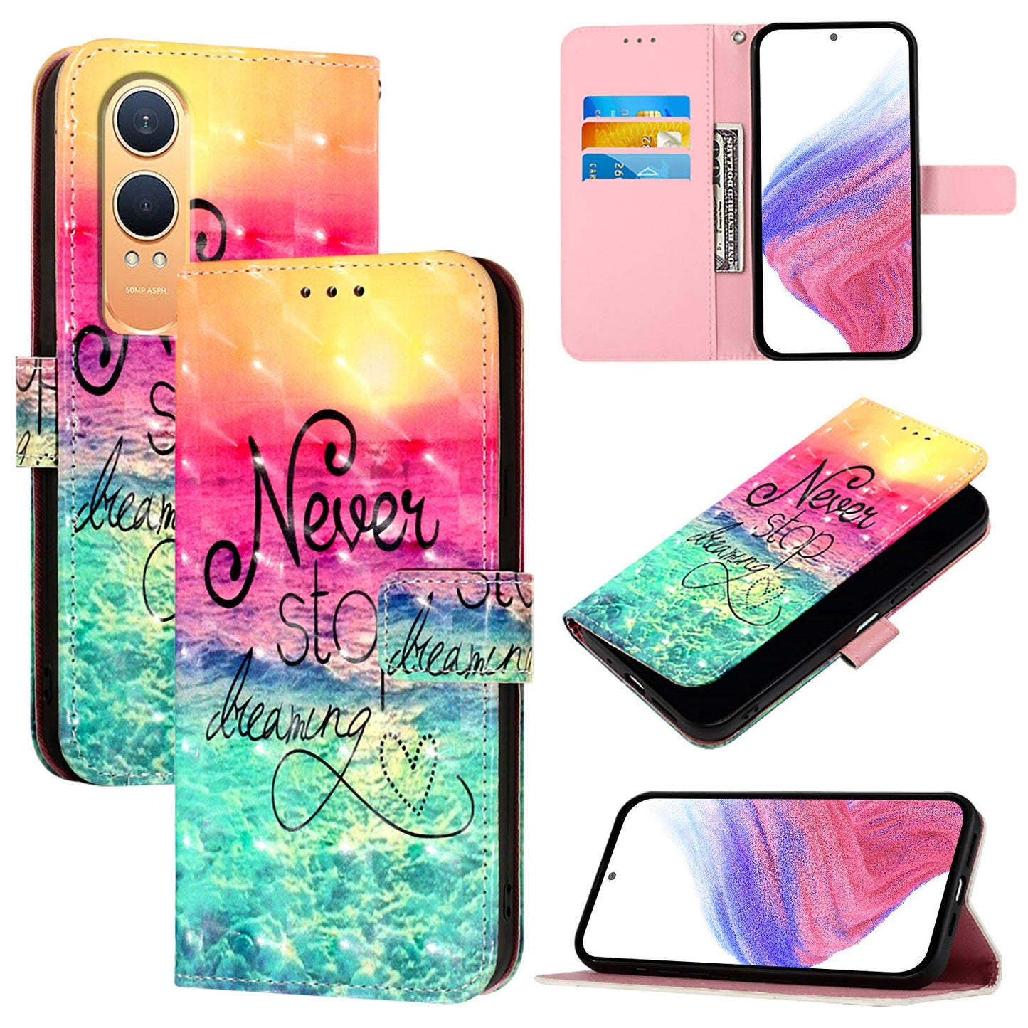For OnePlus Nord CE4 Lite 5G Leather Case YB Pattern Printing Leather Series-2 Pattern Printing Wallet Stand Cover - Never Stop Dreaming