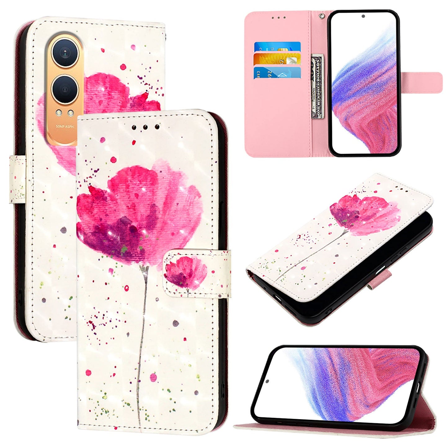 For OnePlus Nord CE4 Lite 5G Leather Case YB Pattern Printing Leather Series-2 Pattern Printing Wallet Stand Cover - Flower
