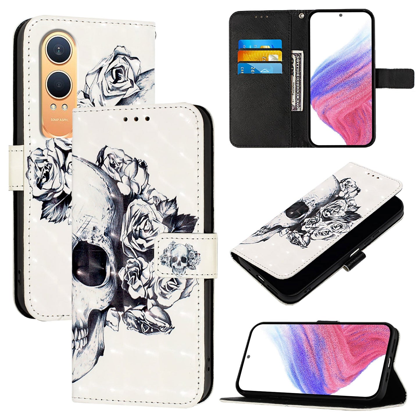 For OnePlus Nord CE4 Lite 5G Leather Case YB Pattern Printing Leather Series-2 Pattern Printing Wallet Stand Cover - Skull