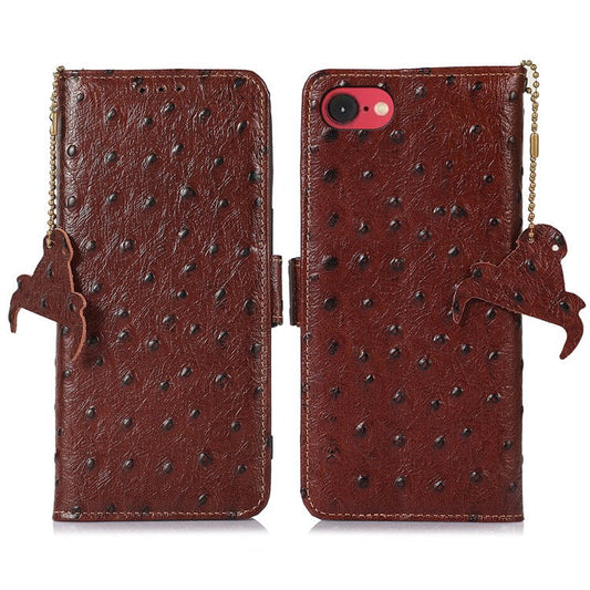 For iPhone 16e Case RFID Blocking Genuine Cow Leather Phone Case Ostrich Texture - Coffee