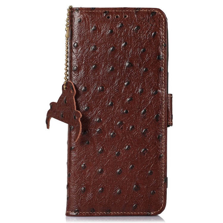 For iPhone 16e Case RFID Blocking Genuine Cow Leather Phone Case Ostrich Texture - Coffee