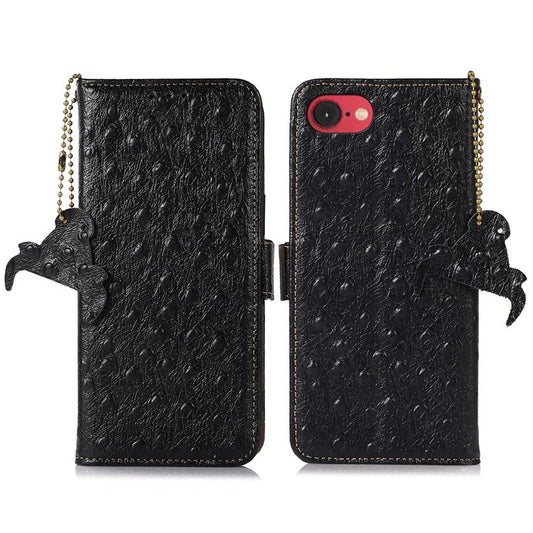 For iPhone 16e Case RFID Blocking Genuine Cow Leather Phone Case Ostrich Texture - Black