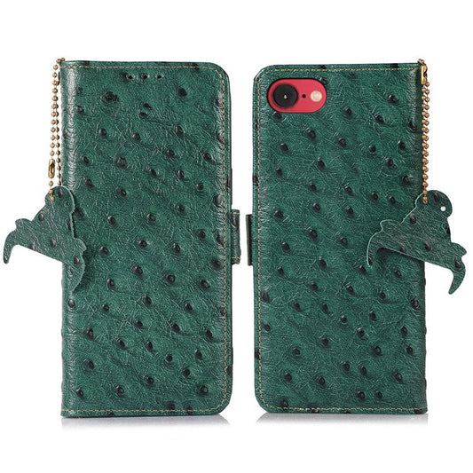For iPhone 16e Case RFID Blocking Genuine Cow Leather Phone Case Ostrich Texture - Green