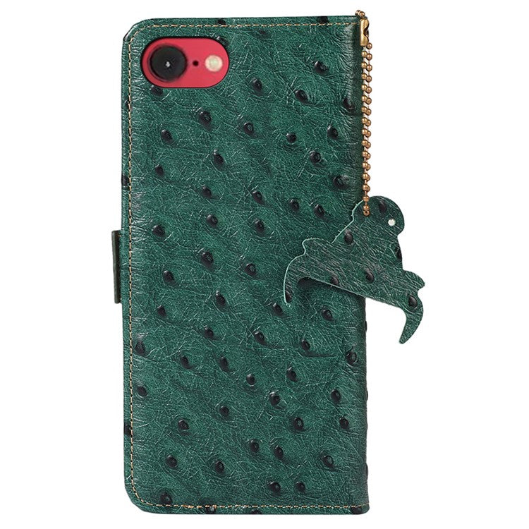 For iPhone 16e Case RFID Blocking Genuine Cow Leather Phone Case Ostrich Texture - Green