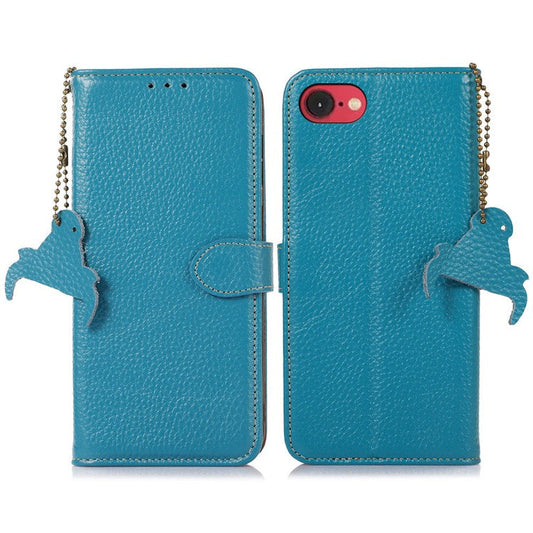 For iPhone 16e Case RFID Blocking Litchi Texture Genuine Cow Leather Phone Cover - Blue