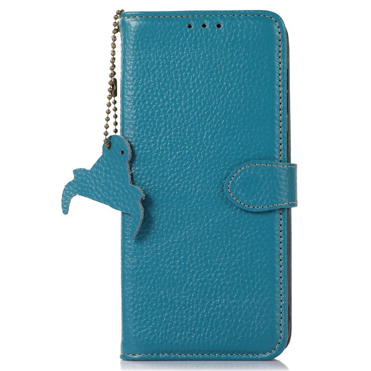 For iPhone 16e Case RFID Blocking Litchi Texture Genuine Cow Leather Phone Cover - Blue