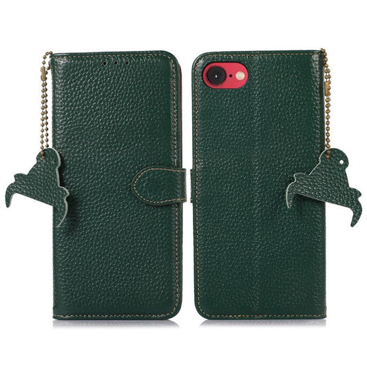 For iPhone 16e Case RFID Blocking Litchi Texture Genuine Cow Leather Phone Cover - Green
