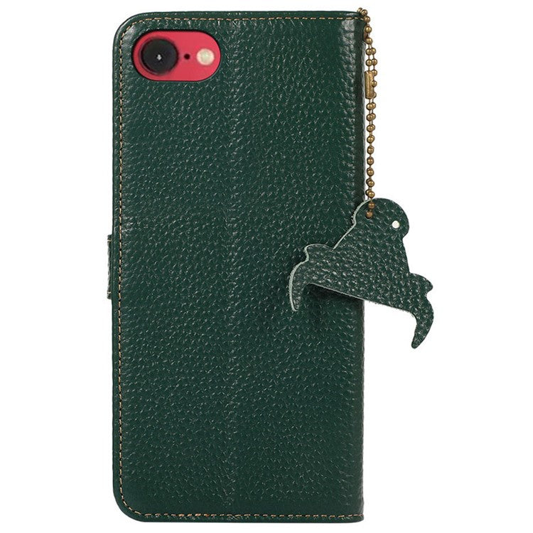 For iPhone 16e Case RFID Blocking Litchi Texture Genuine Cow Leather Phone Cover - Green