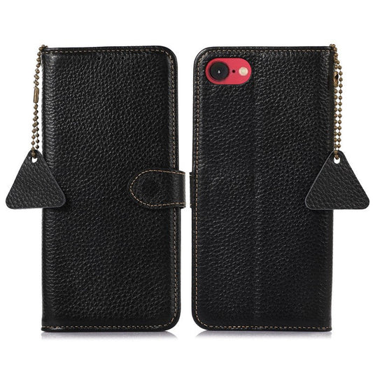 For iPhone 16e Case RFID Blocking Litchi Texture Genuine Cow Leather Phone Cover - Black