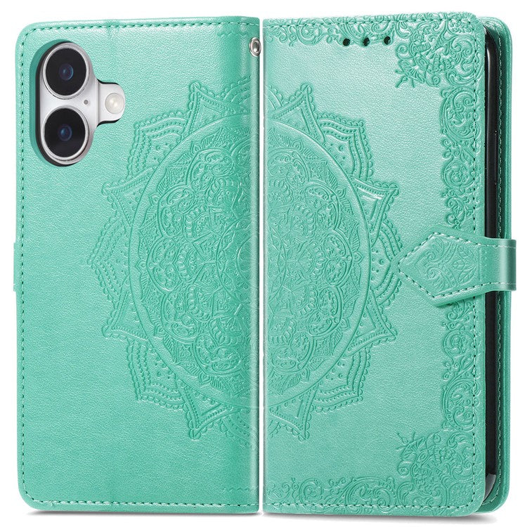 For iPhone 16 Plus Case Mandala Embossed Design Leather Wallet Phone Cover - Green