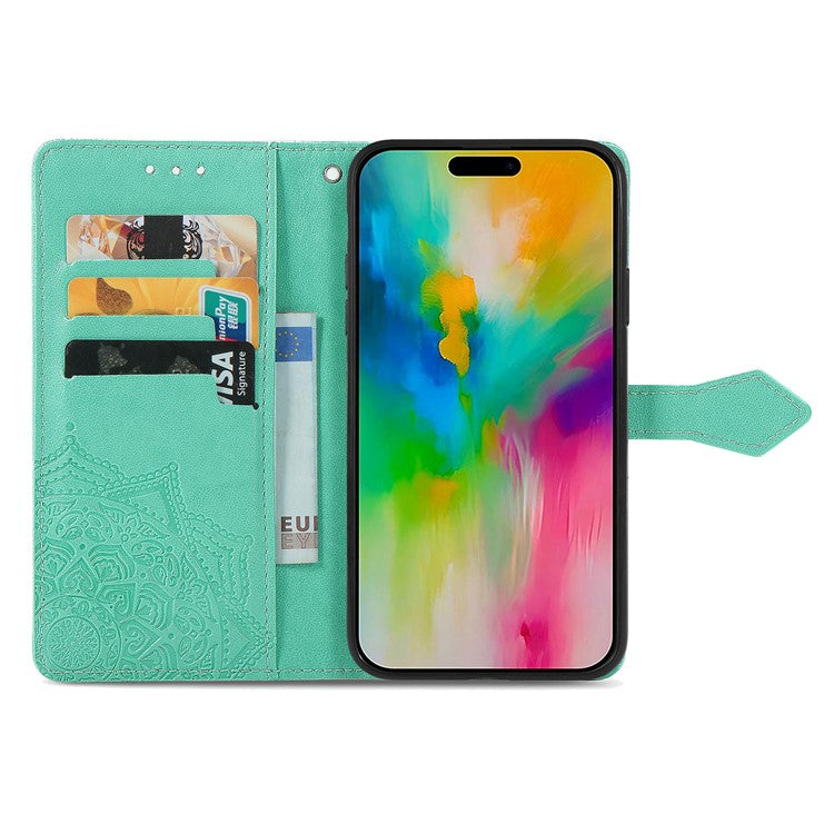 For iPhone 16 Plus Case Mandala Embossed Design Leather Wallet Phone Cover - Green
