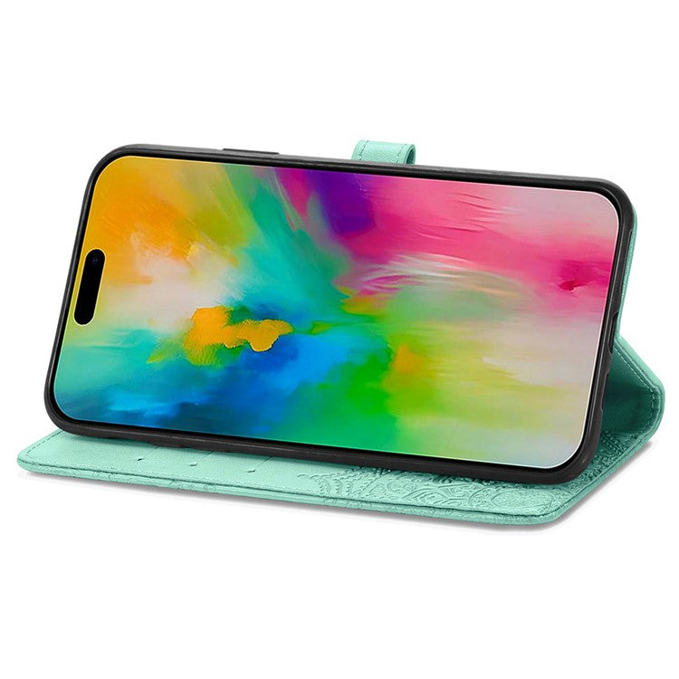 For iPhone 16 Plus Case Mandala Embossed Design Leather Wallet Phone Cover - Green