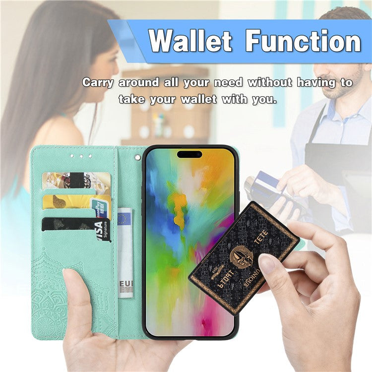For iPhone 16 Plus Case Mandala Embossed Design Leather Wallet Phone Cover - Green