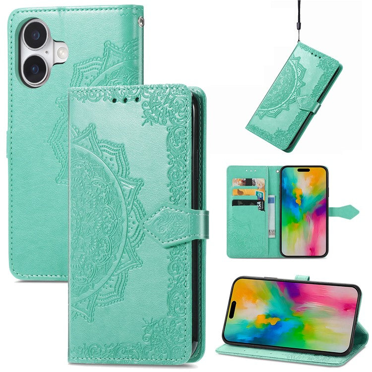 For iPhone 16 Plus Case Mandala Embossed Design Leather Wallet Phone Cover - Green