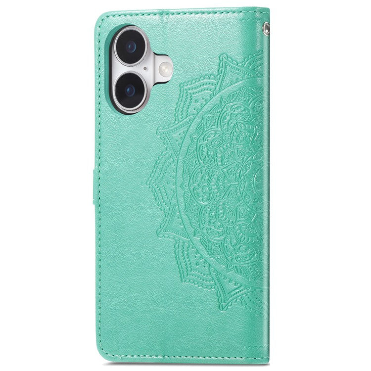 For iPhone 16 Plus Case Mandala Embossed Design Leather Wallet Phone Cover - Green