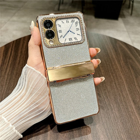For Huawei nova Flip 5G Case Hinge Protection Rhinestone Glitter PC Phone Cover - Silver