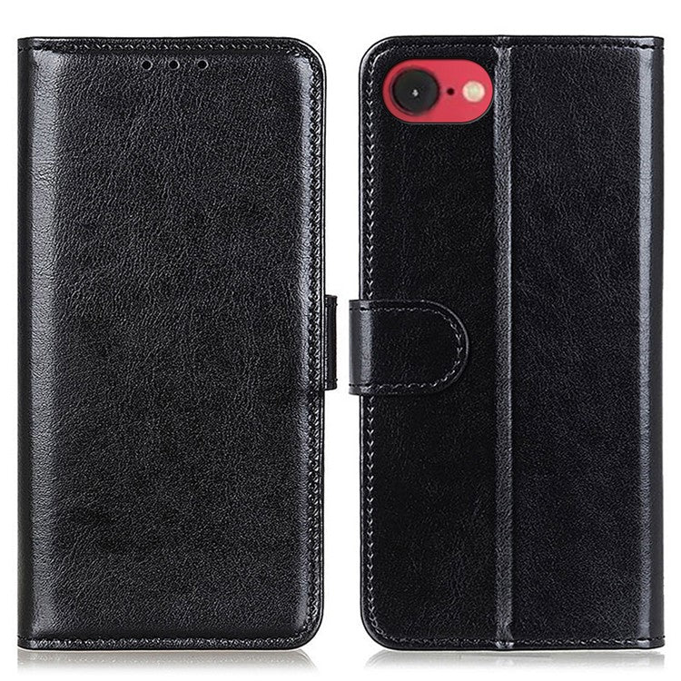 For iPhone 16e Case Crazy Horse Texture PU Leather Phone Stand Cover - Black