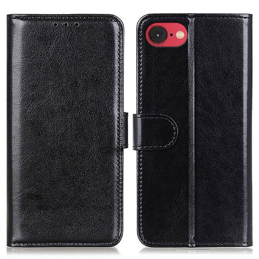 For iPhone 16e Case Crazy Horse Texture PU Leather Phone Stand Cover - Black