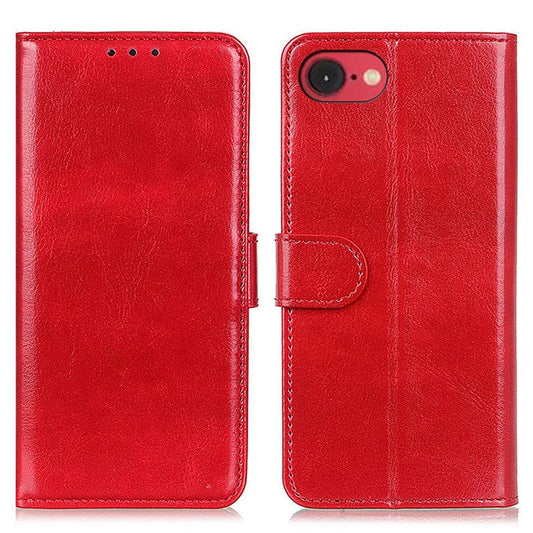 For iPhone 16e Case Crazy Horse Texture PU Leather Phone Stand Cover - Red