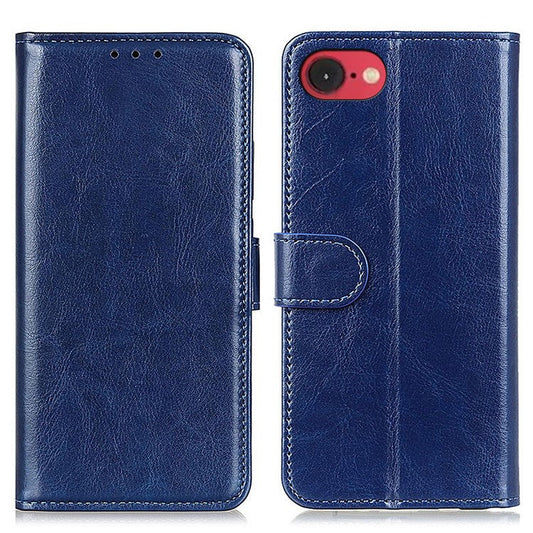 For iPhone 16e Case Crazy Horse Texture PU Leather Phone Stand Cover - Blue