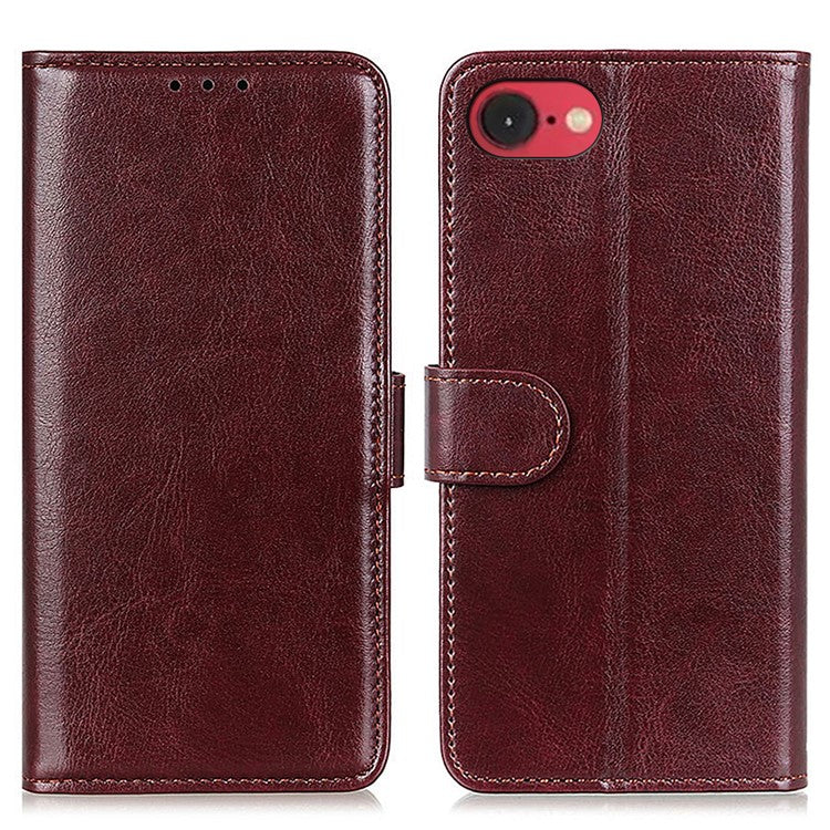For iPhone 16e Case Crazy Horse Texture PU Leather Phone Stand Cover - Brown