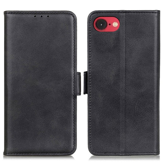 For iPhone 16e Case Stand Cowhide Texture PU Leather Phone Cover - Black