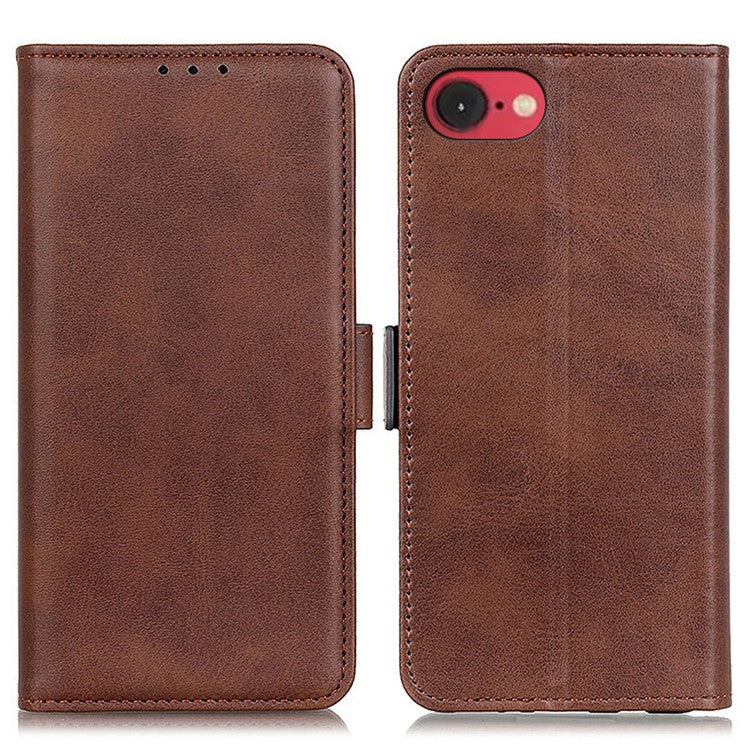 For iPhone 16e Case Stand Cowhide Texture PU Leather Phone Cover - Brown