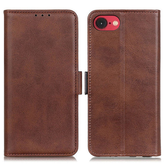 For iPhone 16e Case Stand Cowhide Texture PU Leather Phone Cover - Brown