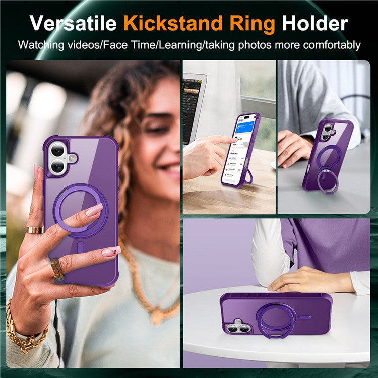 For iPhone 16 Plus Case Compatible with MagSafe Rotatable Ring Kickstand TPU+PC Phone Cover - Purple