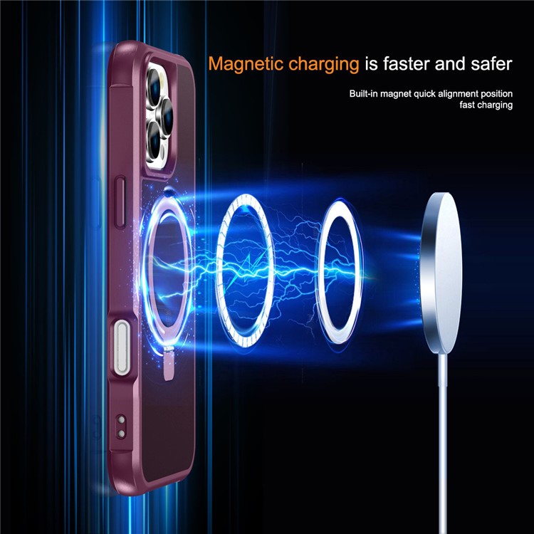 For iPhone 16 Pro Case Compatible with MagSafe Ring Holder Kickstand TPU+PC Phone Cover - Wine Red