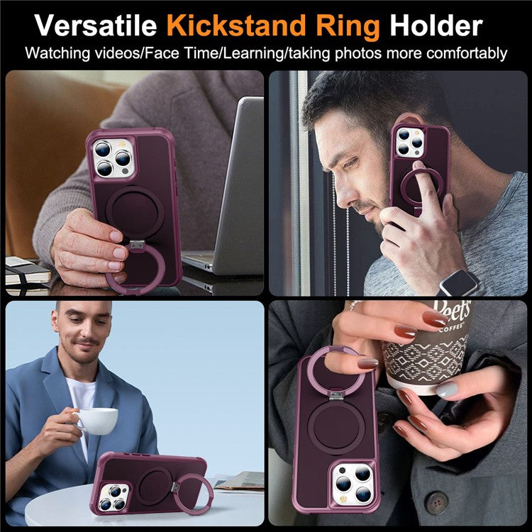 For iPhone 16 Pro Case Compatible with MagSafe Ring Holder Kickstand TPU+PC Phone Cover - Wine Red