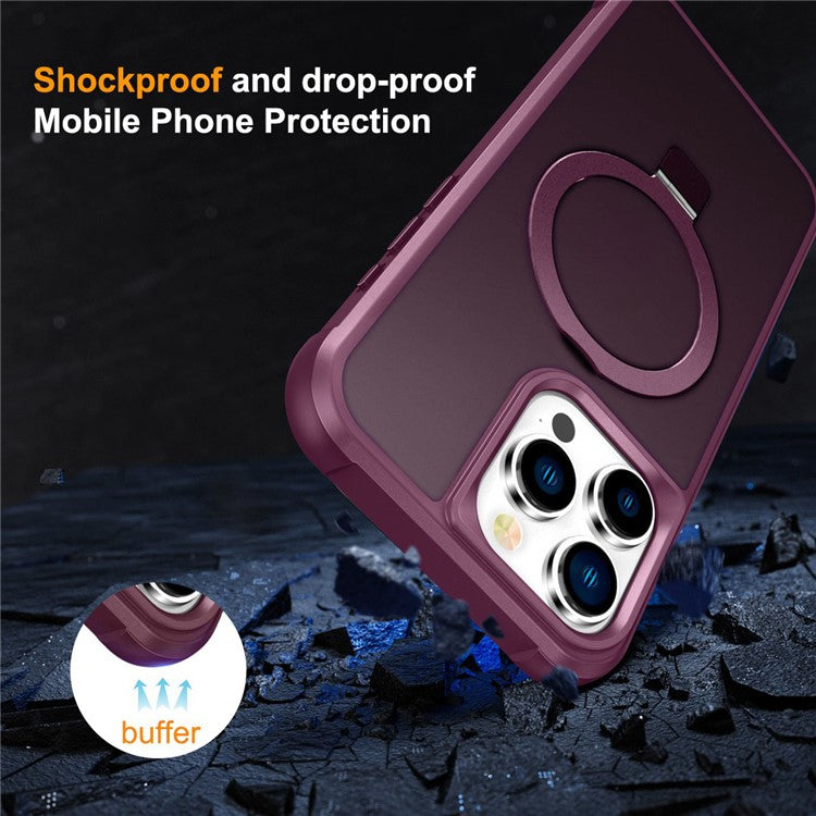 For iPhone 16 Pro Case Compatible with MagSafe Ring Holder Kickstand TPU+PC Phone Cover - Wine Red