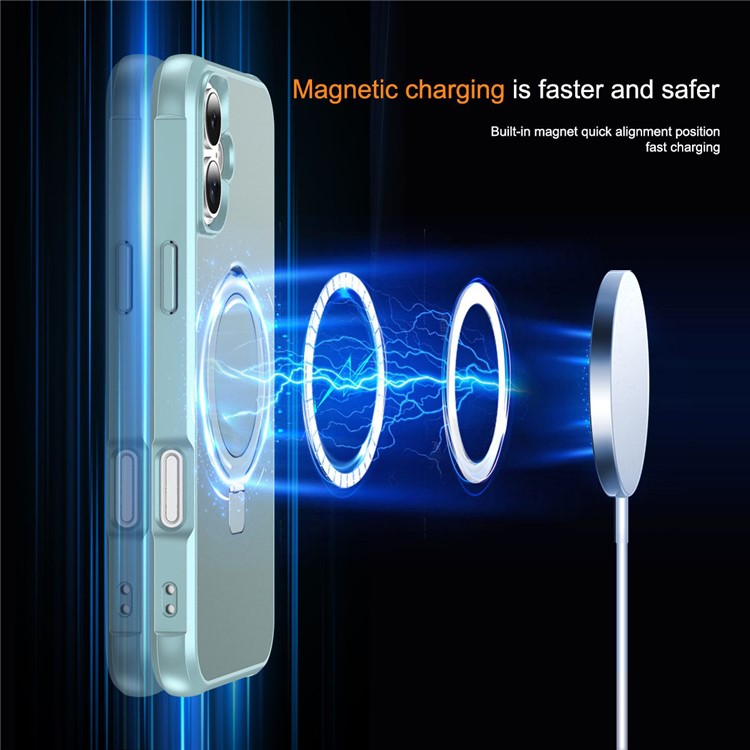 For iPhone 16 Case Compatible with MagSafe Ring Holder Kickstand TPU+PC Phone Cover - Lake Blue