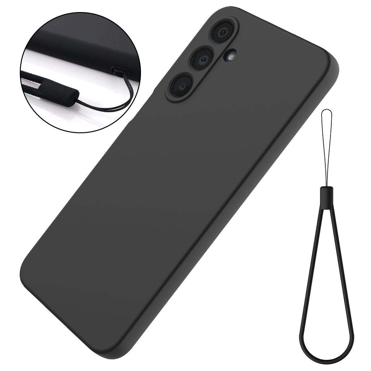 For Samsung Galaxy A16 5G / A16 4G Case Liquid Silicone Anti-Scratch Phone Cover with Hand Strap - Black
