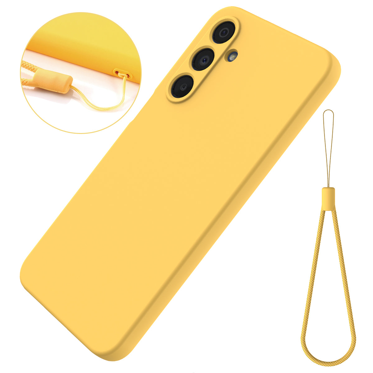 For Samsung Galaxy A16 5G / A16 4G Case Liquid Silicone Anti-Scratch Phone Cover with Hand Strap - Yellow