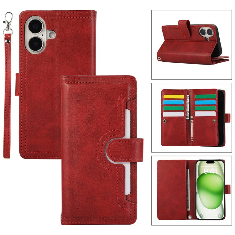 For iPhone 16 Plus Case Split Leather Magnetic Wallet Phone Protector with Wrist Strap - Red