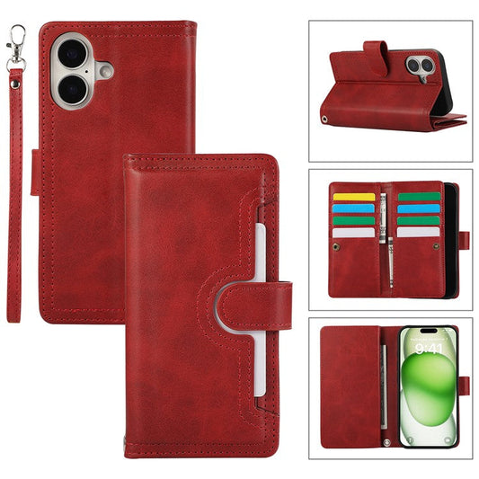 For iPhone 16 Plus Case Split Leather Magnetic Wallet Phone Protector with Wrist Strap - Red