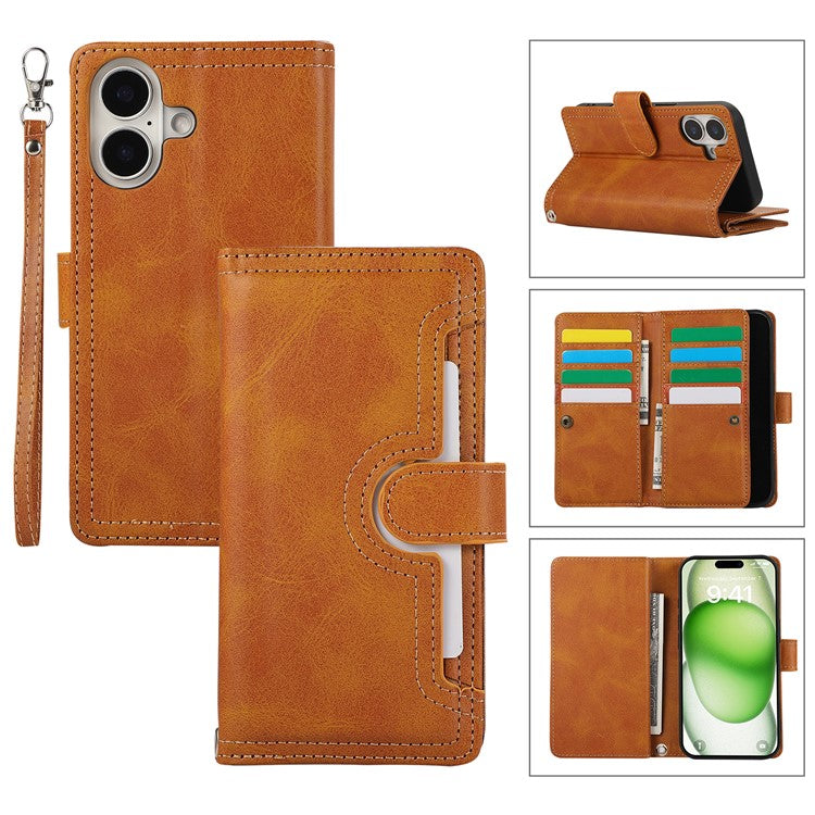 For iPhone 16 Plus Case Split Leather Magnetic Wallet Phone Protector with Wrist Strap - Brown
