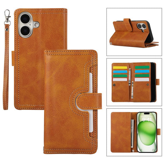 For iPhone 16 Plus Case Split Leather Magnetic Wallet Phone Protector with Wrist Strap - Brown