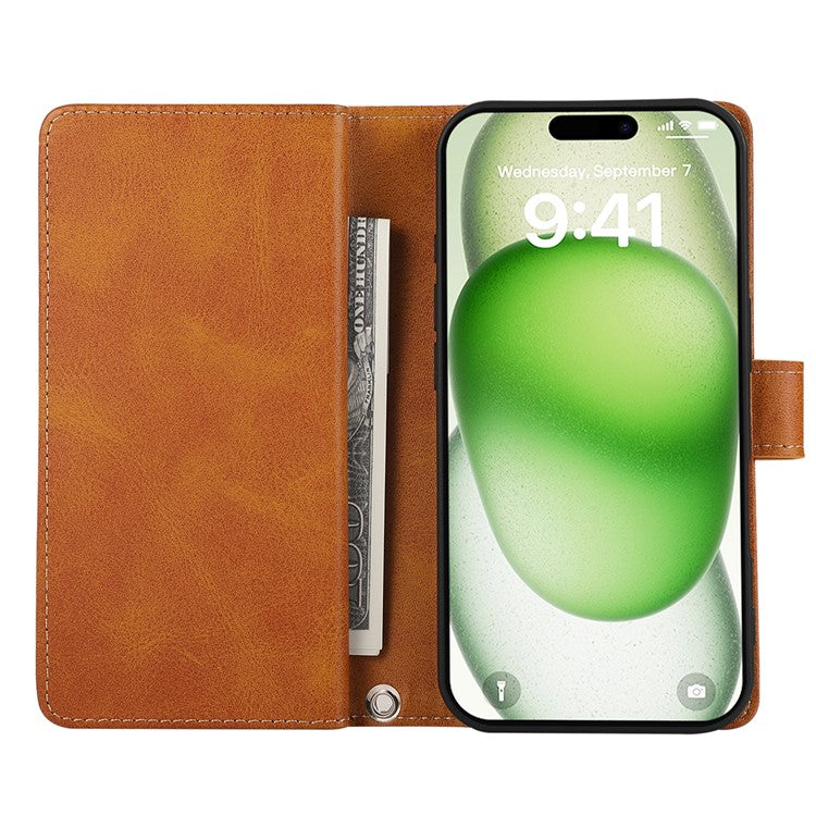 For iPhone 16 Plus Case Split Leather Magnetic Wallet Phone Protector with Wrist Strap - Brown