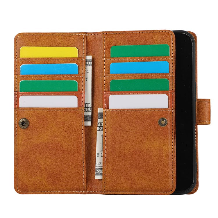 For iPhone 16 Plus Case Split Leather Magnetic Wallet Phone Protector with Wrist Strap - Brown
