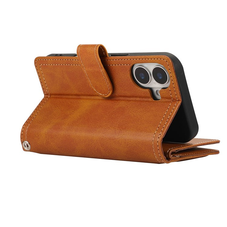 For iPhone 16 Plus Case Split Leather Magnetic Wallet Phone Protector with Wrist Strap - Brown